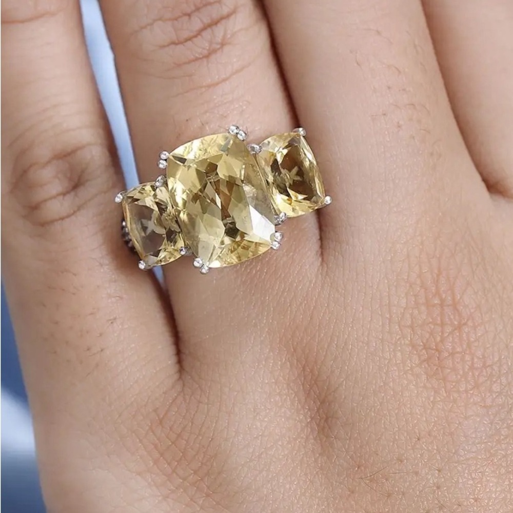 BRAZILIAN CITRINE WHITE ZIRCON TRILOGY RING PLATINUM/ STERLING SILVER 6